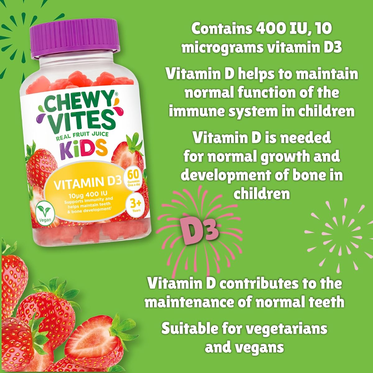 Chewy Vites Kids Vitamin D3 Gummies - Vegan, 400 IU, 60 Count - Image 4