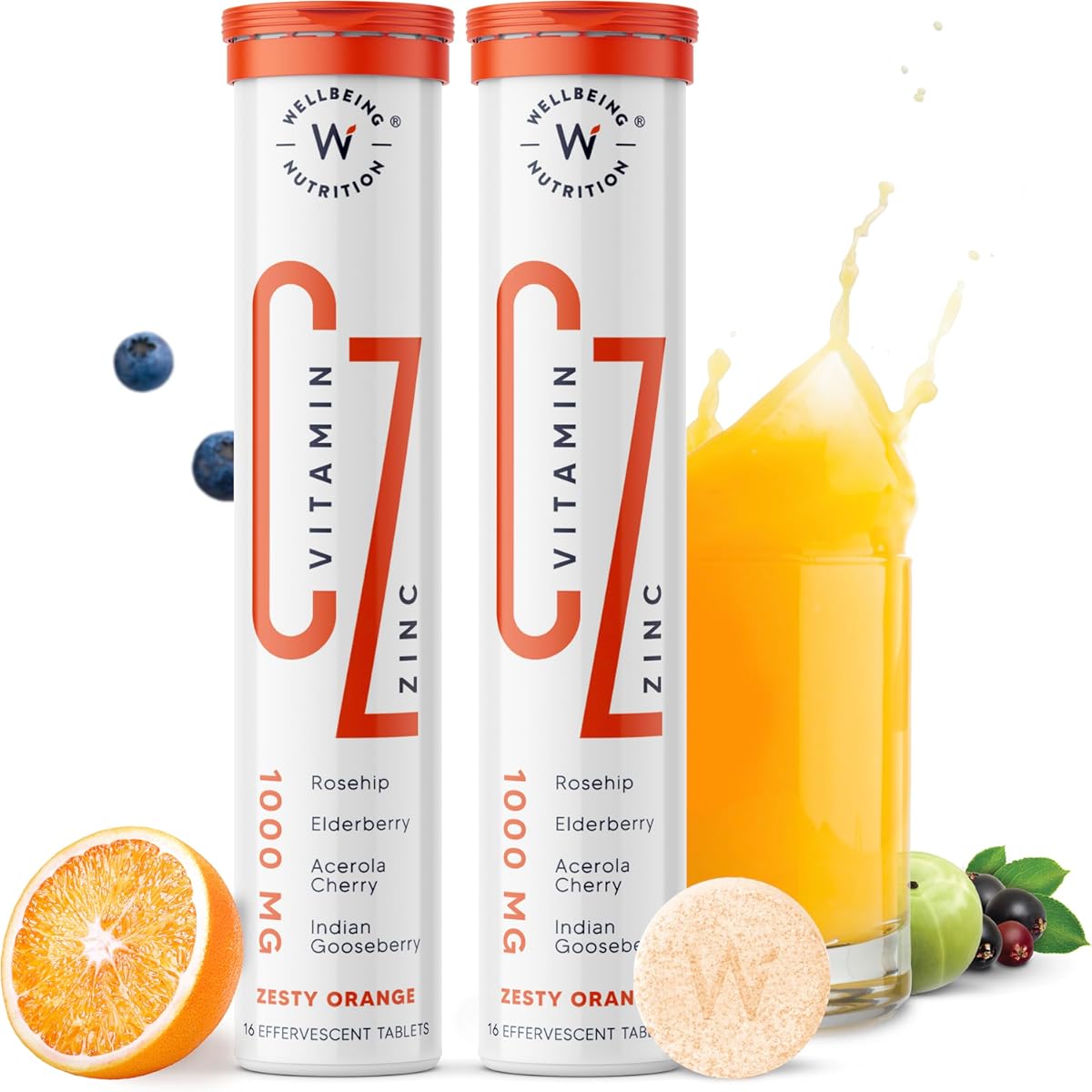 Wellbeing Nutrition Vitamin C + Zinc | Natural and Organic Immunity Booster | 100% RDA | 1000mg Vitamin C ( Pack of 2)