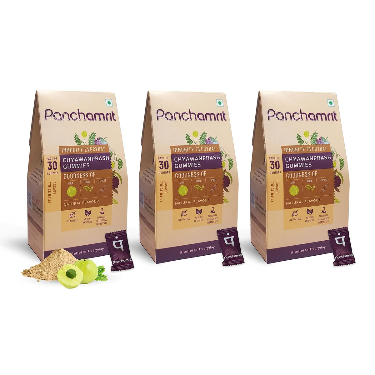 Panchamrit 100% Natural Chyawanprash Gummies - Pack of 3, 30 Gummies Each