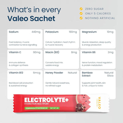 Valeo Hydration Electrolyte+ Stick Packs - Pomegranate & Watermelon, 20 Count - Image 3