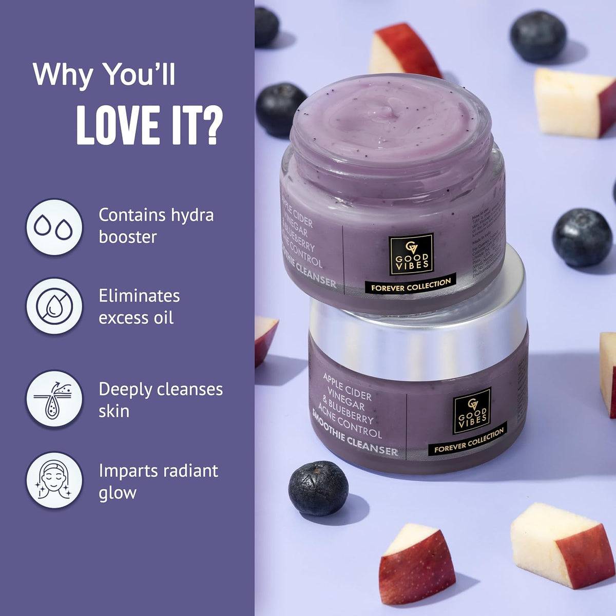 Good Vibes Face Cleanser with Apple Cider Vinegar & Blueberry - Anti Acne Smoothie - 45g - Image 2