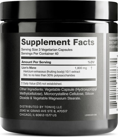 Toniiq Lion's Mane Capsules - 10:1 Extract, 30% Polysaccharides, 120 Count - Image 2