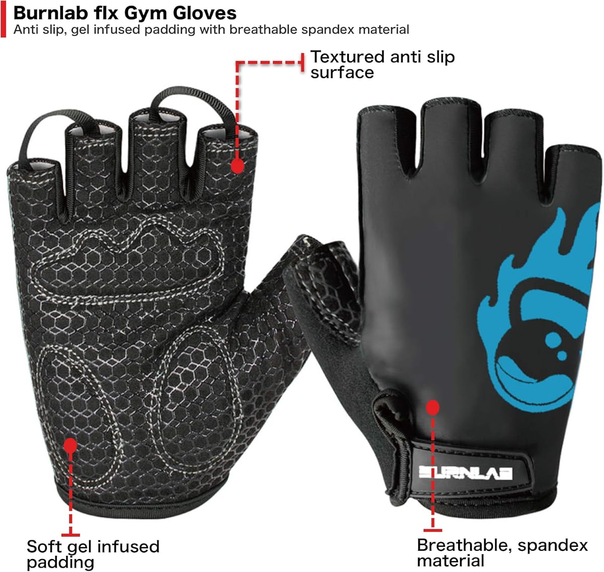 Burnlab Gym Gloves Pro - Spandex, Gel Padding, Medium, Black & Blue - Image 3