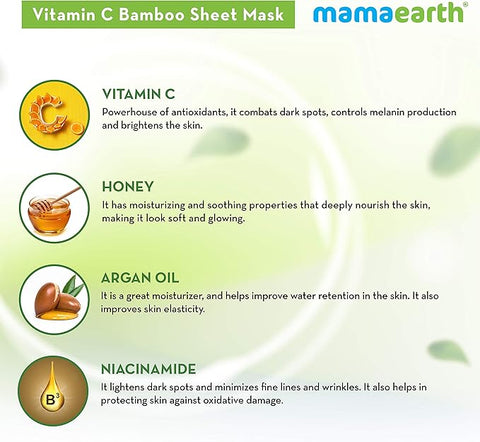 Mamaearth Vitamin C Bamboo Sheet Mask with Vitamin C & Honey for Skin Illumination, Dryness - 25 g