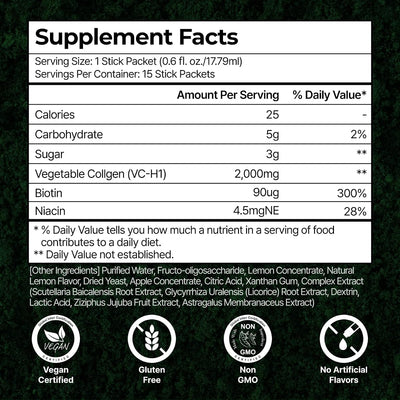 PLANT Vegan Liquid Collagen + Biotin - Lemon Flavour, 15 Sachets - Image 6