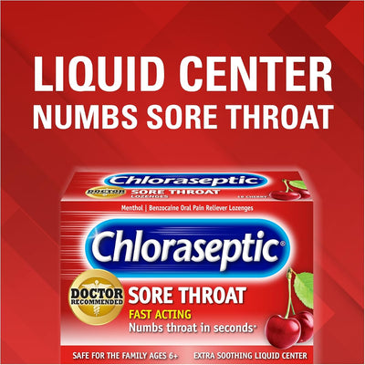 Chloraseptic Sore Throat Lozenges Cherry with Liquid Center - Benzocaine, 18 Lozenges - Image 2