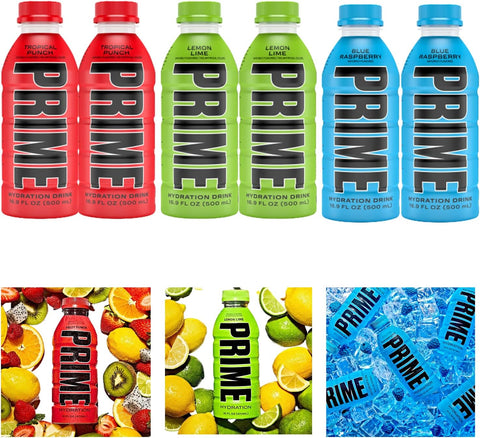 Prime Hydration Sports Drink Variety Pack - Energy Drink, Electrolyte Beverage - Lemon Lime, Tropical Punch, Blue Raspberry - 16.9 Fl Oz 6 Pack