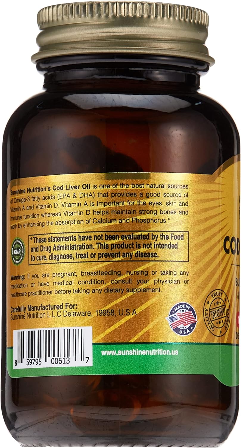 Sunshine Nutrition Cod Liver Oil Softgels - 100 Softgels - Image 2