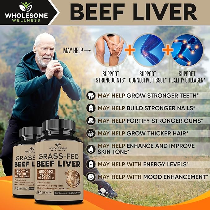 Wholesome Grass Fed Beef Liver Capsules - Vitamins & Minerals, 180 Capsules - Image 4