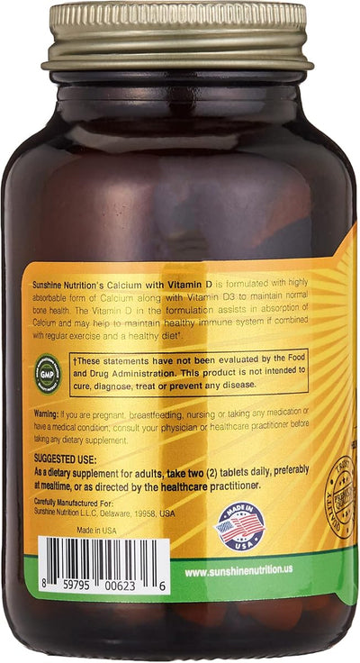 Sunshine Nutrition Calcium with Vitamin D3 - Gluten-Free Tablets, 100 Count - Image 4