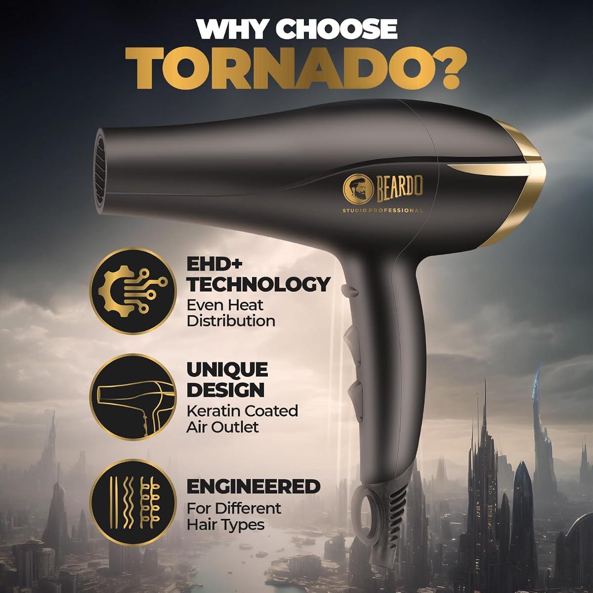Beardo Tornado Hair Dryer - 2000W Professional, 3 Attachments - Image 3