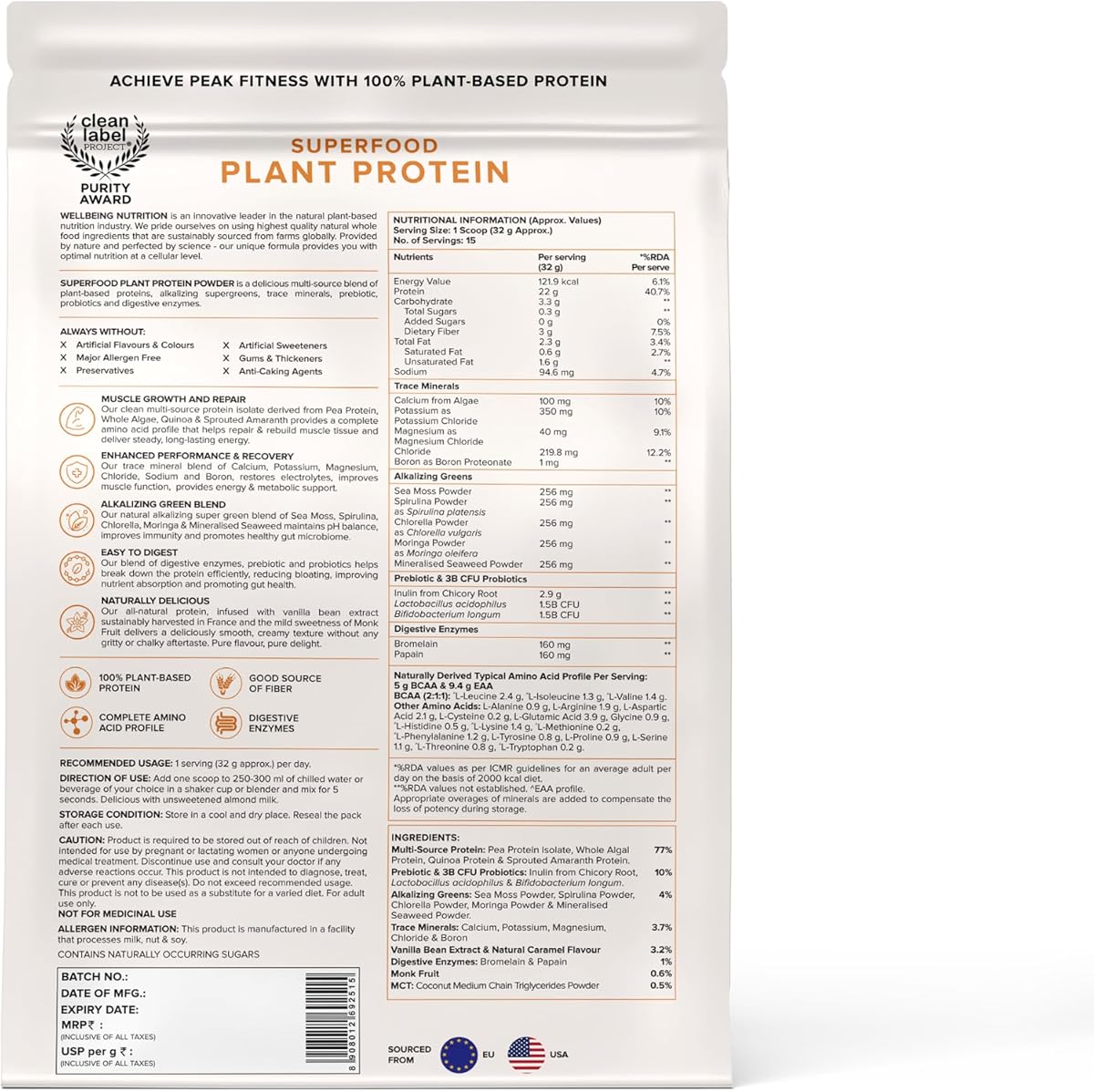 Wellbeing Nutrition Superfood Plant Protein - French Vanilla Caramel, 500g - Image 2