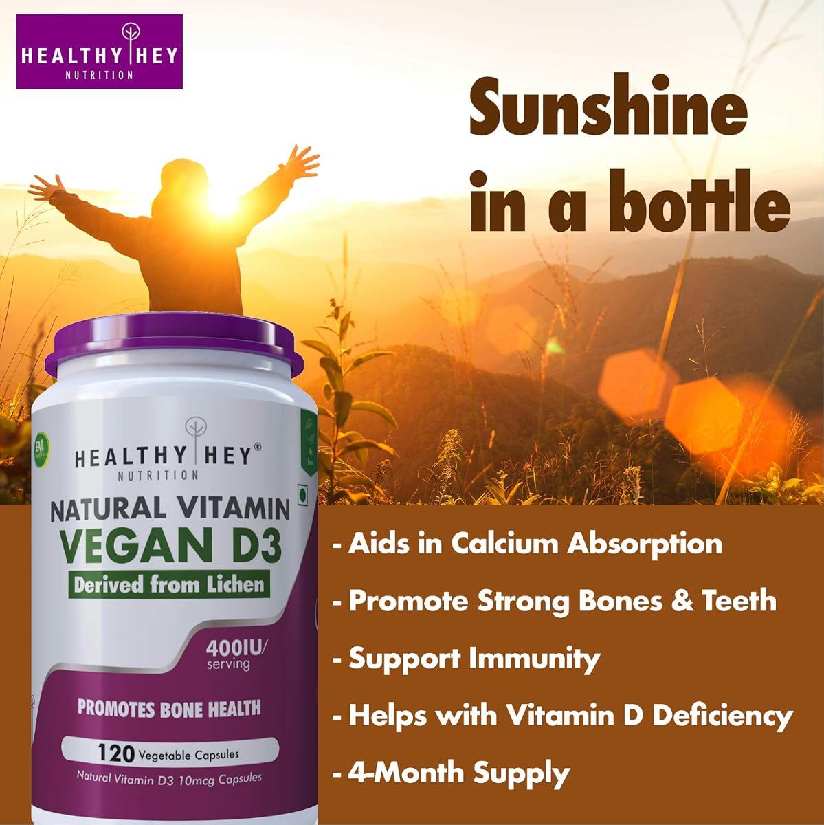 HealthyHey Vegan Vitamin D3 Capsules - Plant-Based, Non-GMO, 400 IU, 120 Count - Image 4