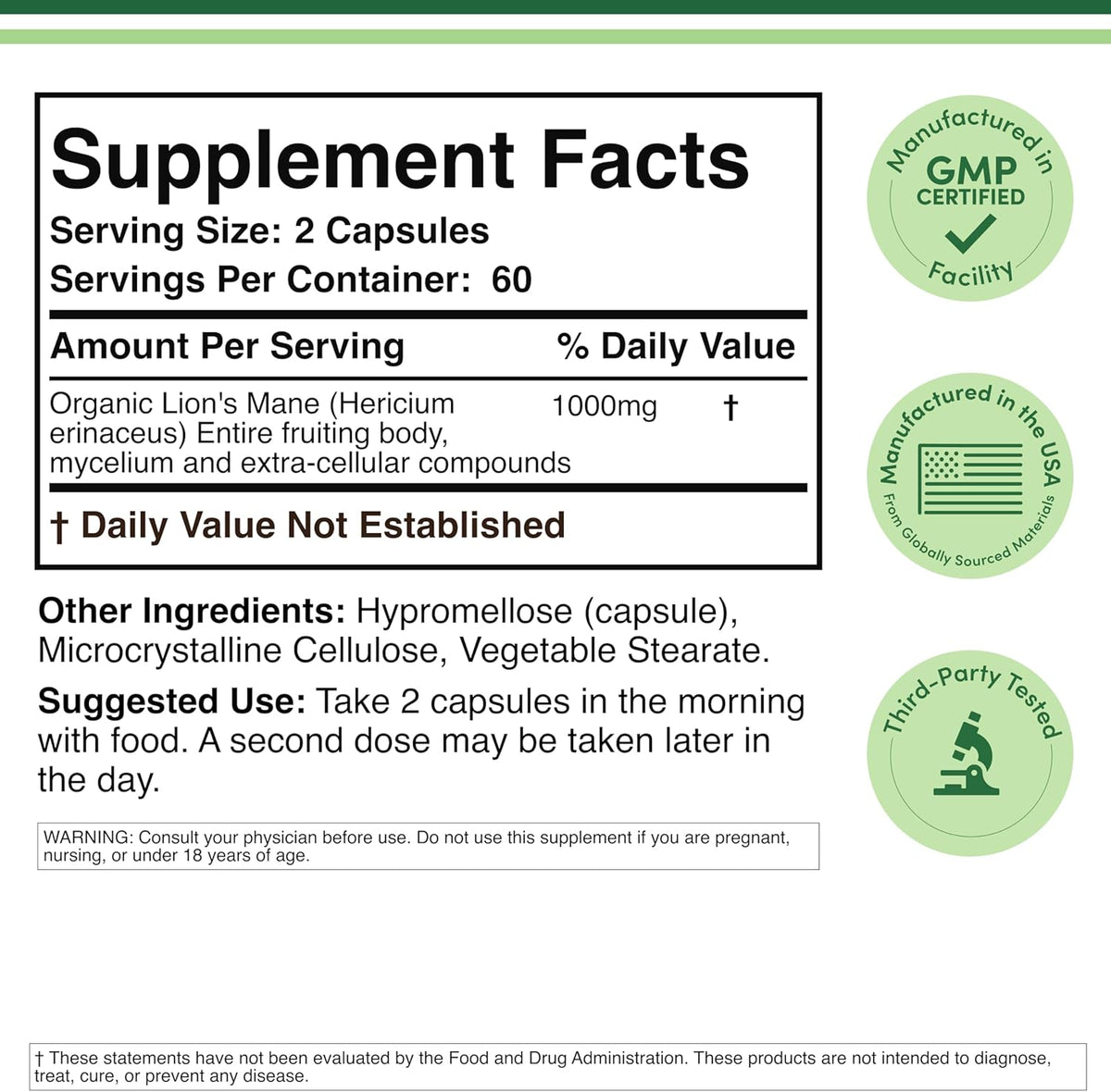 Doublewood Lions Mane Mushroom Supplement - 120 Capsules - Image 2