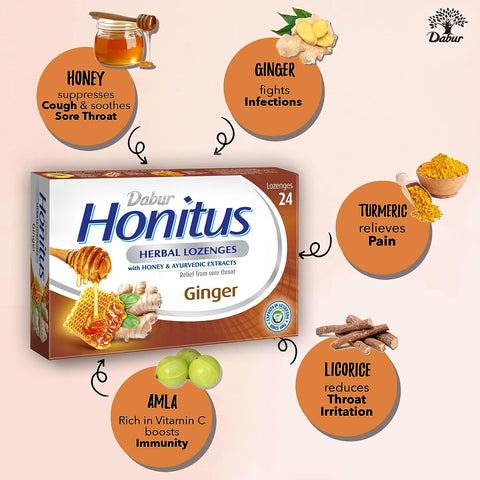Dabur Herbal Honitus Lozenges - Ginger - 24 pieces + Dabur Tulsi Drops - 30 ml Combo Set