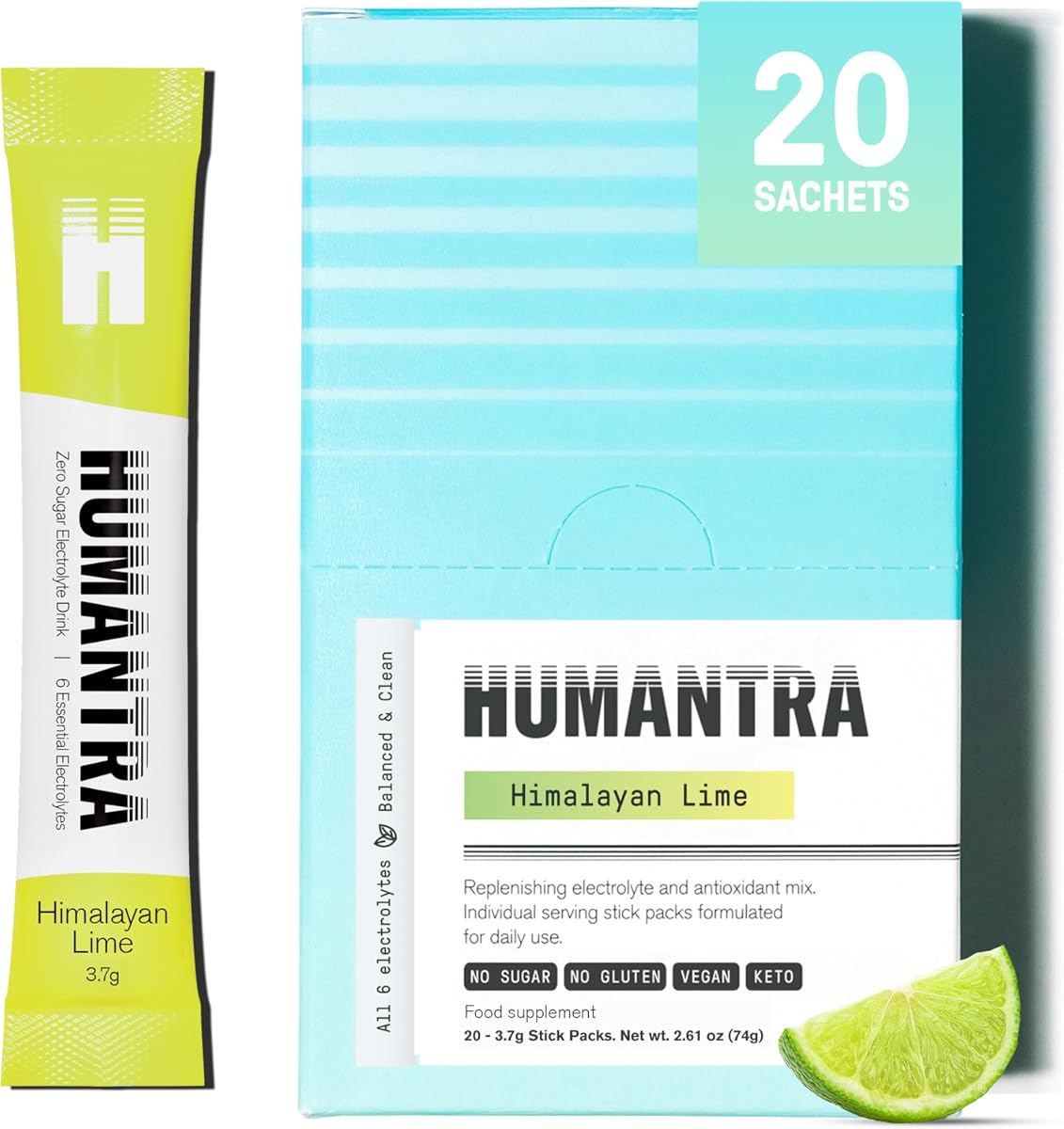Humantra Himalayan Lime Electrolyte Powder Sachets - 6 Electrolytes, Sugar-Free, Vegan - 20 x 3.66g
