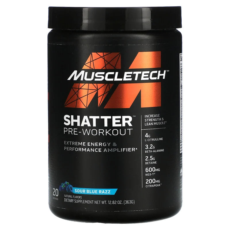 Muscletech Shatter Pre-Workout Sour Blue Razz 363 gms and Nutrex BCAA 6000 Watermelon 225 gms (Combo)