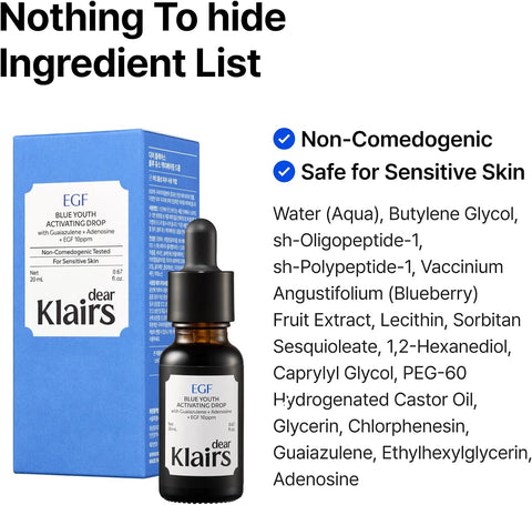 DearKlairs Korean EGF Serum – Blue Youth Activator Drop with EGF and FGF (10ppm each), barrier repair and post-imperfection marks, gentle on sensitive skin, soothing and repairing - Image 9