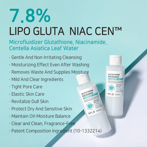 APLB Glutathione Niacinamide Cleansing Water | LIPO GLUTA NIAC CEN™ 7.8% 5.41 FL.OZ/Korean Skincare, Makeup remover for sensitive skin, Deep Hydration, Pore care - Image 3