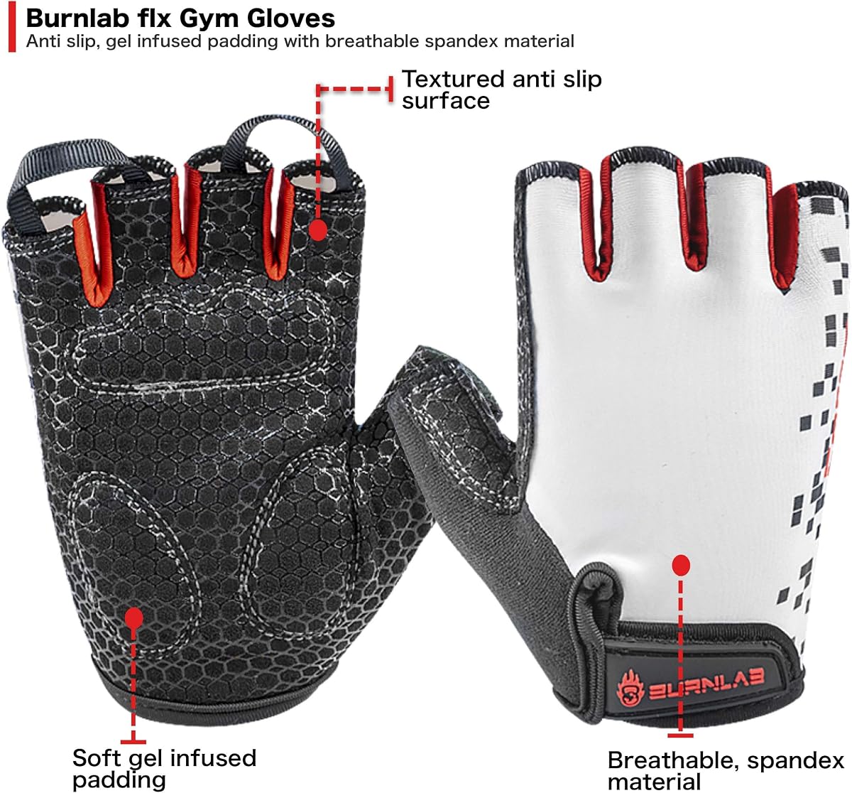 Burnlab Flex Gym Gloves - XL, White - Stretchable Spandex, Gel Padding - Image 5