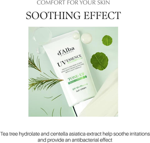 d'Alba Clean Tea Tree Liposome Tone-Up Sun Cream Tone Correction & Brightening in One, Lightweight Silky Finish, SPF50+ UV Protection, with Tea Tree & White Truffle for Redness & Dull Skin 50ml - Image 5