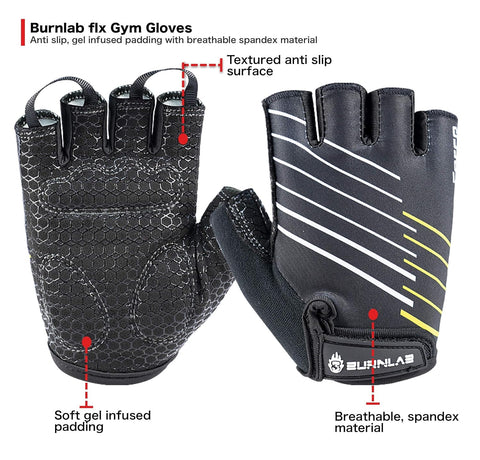 Burnlab Flex Gym Gloves for Men and Women - Ideal for Weightlifting, Cycling, Crossfit, Offers Good Grip and Soft Padding (Black Small)