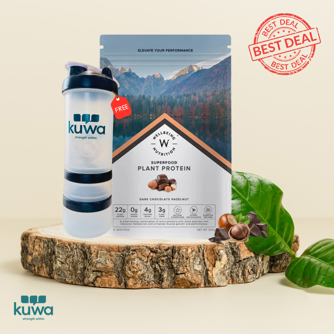 Wellbeing Nutrition Superfood Plant Protein Dark Chocolate Hazelnut with KUWA Bottle