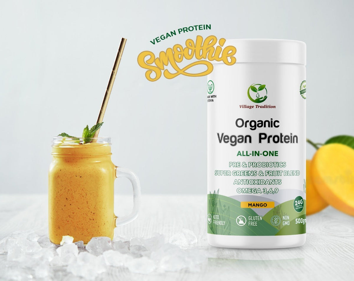 Village Tradition Organic Vegan Protein - Mango Flavour, Sports Nutrition Powder, 500g - Image 2