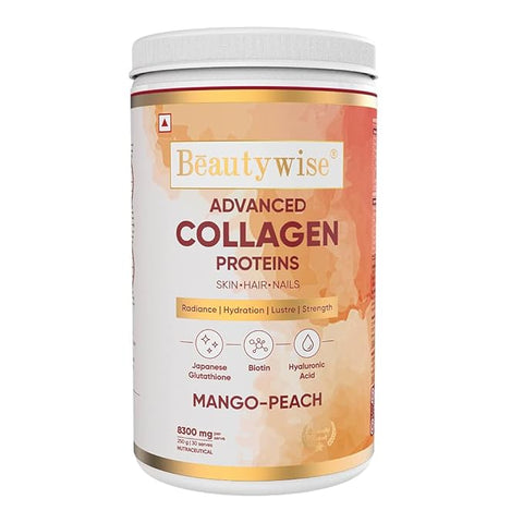 Beautywise Advanced Marine Collagen Proteins Powder With Hyaluronic Acid, Glutathione & Biotin (Mango-Peach) 250G