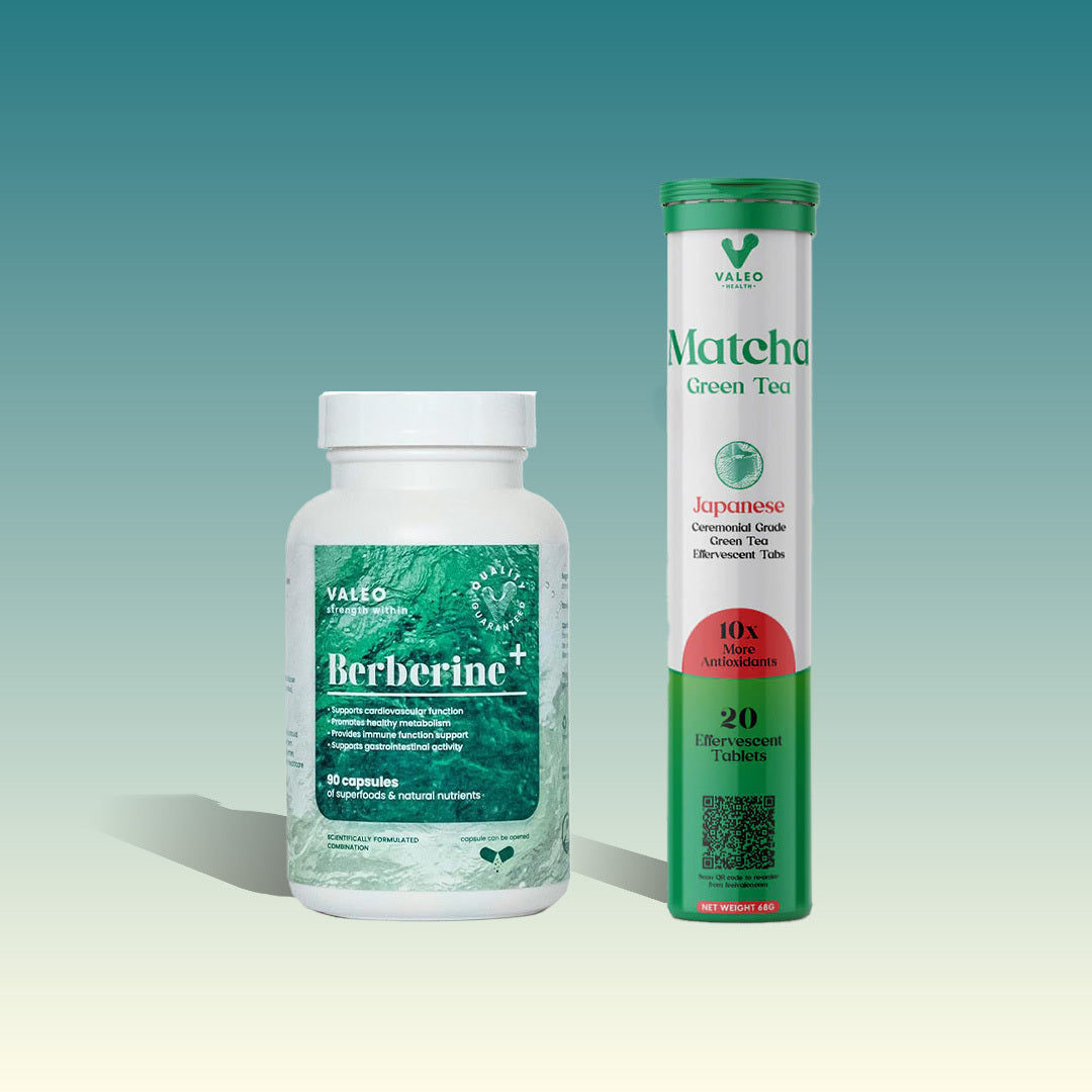Valeo Berberine+ 90 Capsules & Valeo Japanese Matcha Green Tea 20 Effervescent Tablets