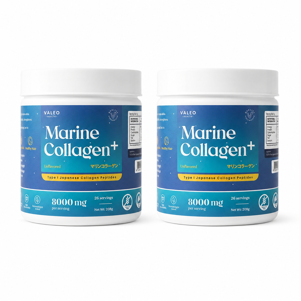 Valeo Marine Collagen - Japanese Collagen Peptides Unflavored 208 gm, 8 g per serving - Pack of 2