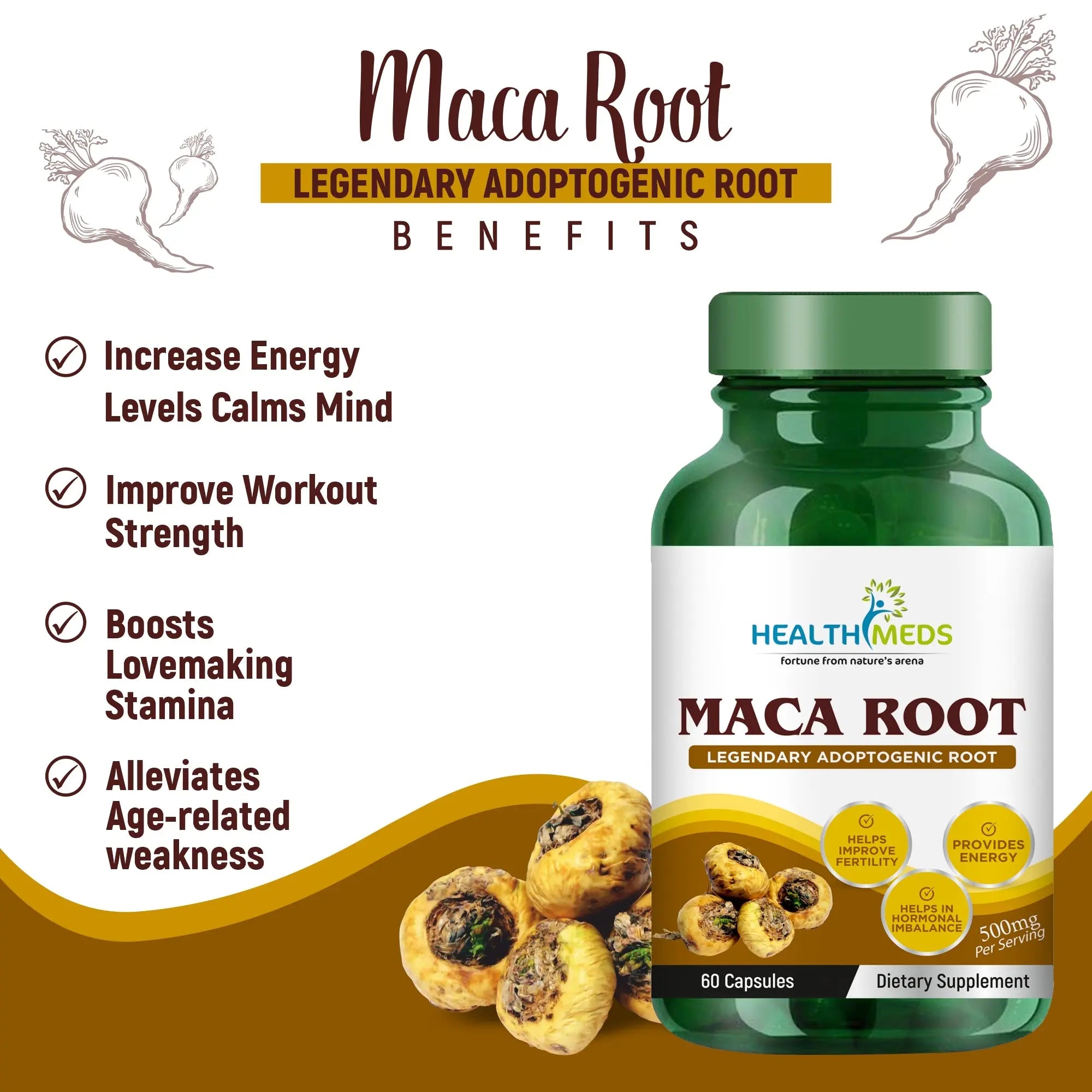 Healthmeds Maca Root Extract Capsule Dietary Supplement For Men & Women - 500mg 60 Veg Capsules
