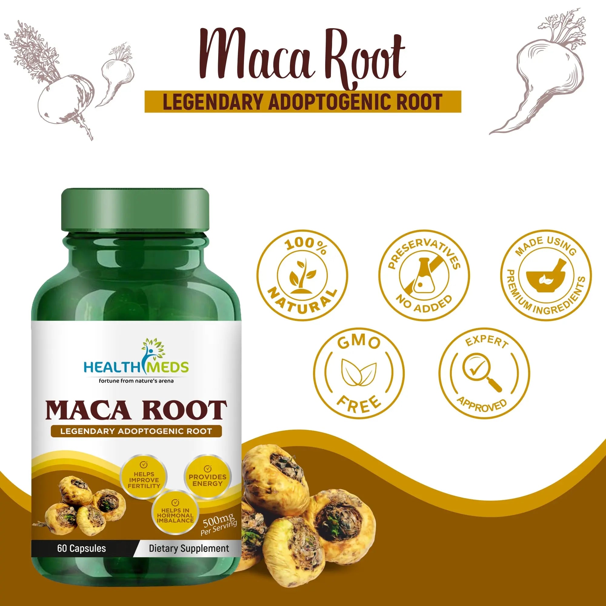 Healthmeds Maca Root Extract Capsule Dietary Supplement For Men & Women - 500mg 60 Veg Capsules