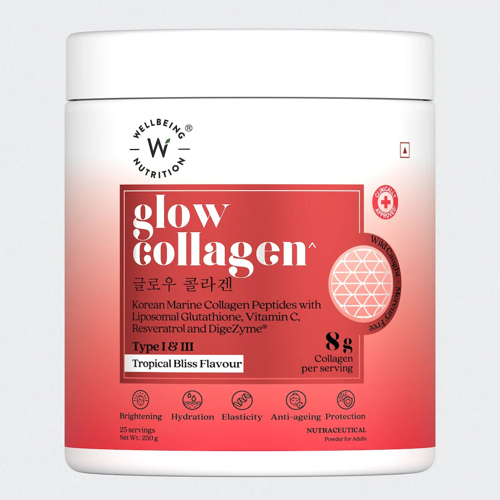 Collagen supplement container with 'Wellbeing Nutrition' branding on a light gray background
