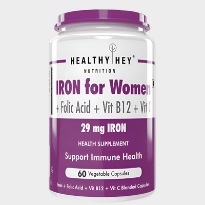 HealthyHey Iron Supplement for Women - Chelated, With Vitamin B12, Folic Acid, Vitamin C - 60 Veg Capsules