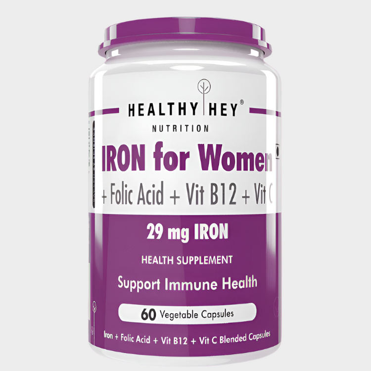 HealthyHey Iron Supplement for Women - Chelated, With Vitamin B12, Folic Acid, Vitamin C - 60 Veg Capsules