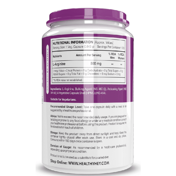 HealthyHey L-Arginine 120 Vegetable Capsules - Vitamins & Minerals - Image 2