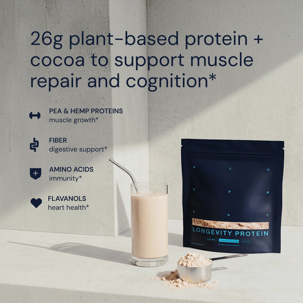 Blueprint Longevity Protein - Chocolate | 26g Plant-Based Protein - 30-Day Supply