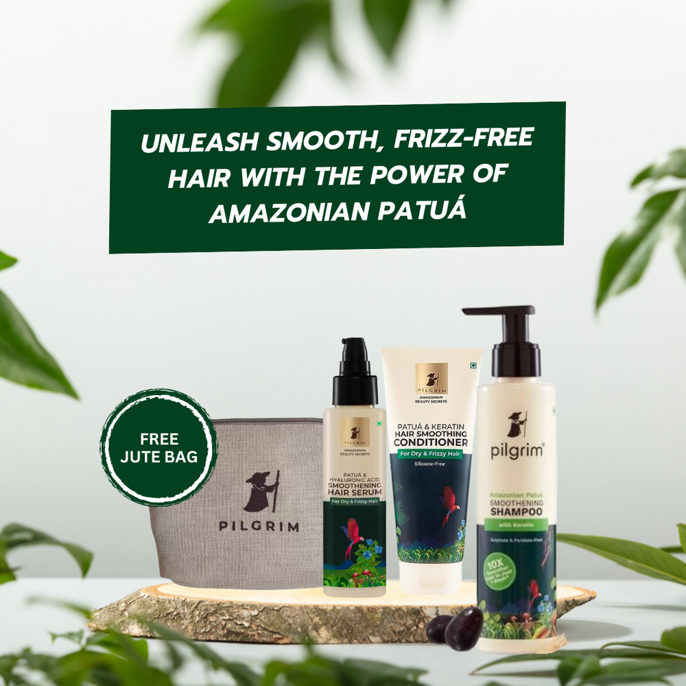 Pilgrim Amazonian Patu‡ Hair Essentials Ritual for Frizzy Hair with FREE JUTE BAG |Patu‡ Hair Serum (115 ml) + Patu‡ & Keratin Shampoo (200 ml) + Patu‡ & Keratin Conditioner (200 ml)|Healthy shiny hair.