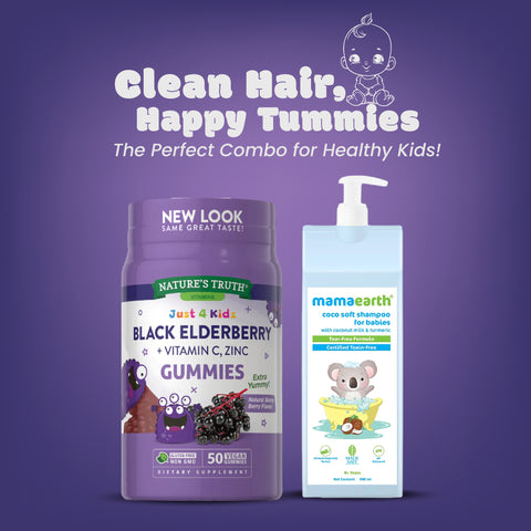 NATURE'S TRUTH  KIDS BLACK ELDERBERRY WITH VITAMIN C, ZINC + Mamaearth coco soft shampoo for babies with coconut milk & turmeric 400 ml