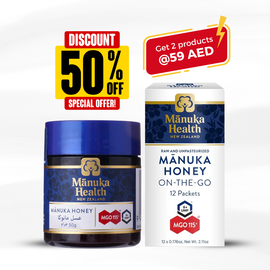 Manuka Health MGO 115+ Manuka Honey, 100% Pure New Zealand Honey, 50 Gm + Manuka Health MGO 115+ On The Go Snap Packs Combo