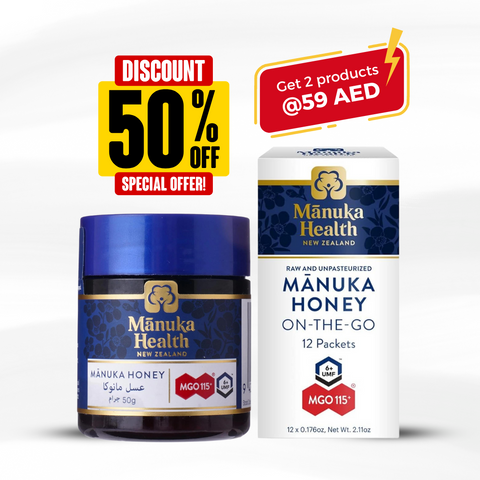 Manuka Health MGO 115+ Manuka Honey, 100% Pure New Zealand Honey, 50 Gm + Manuka Health MGO 115+ On The Go Snap Packs Combo