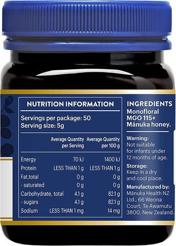 MANUKA HEALTH - MGO 115+ Manuka Honey, 100% Pure New Zealand Honey, 250 g