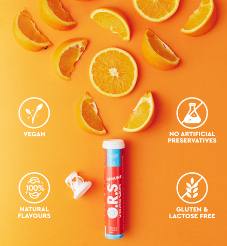 O.R.S Hydration + Immunity, Juicy Orange Electrolyte Tablets with Vitamins C, D, Iron & Zinc - 20 Tablets