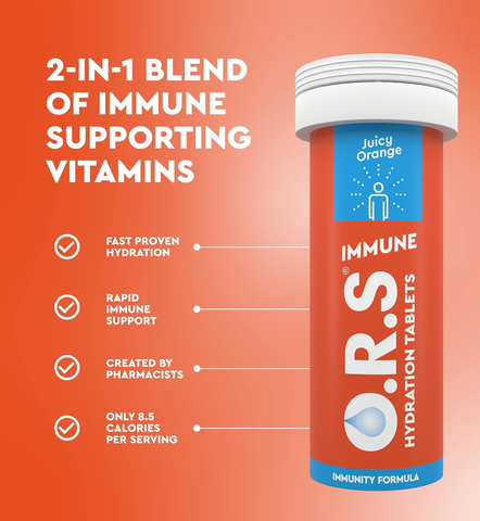 O.R.S Hydration + Immunity, Juicy Orange Electrolyte Tablets with Vitamins C, D, Iron & Zinc - 20 Tablets