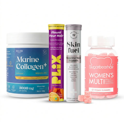 بليكس تباهى بشعرك بنكهة البرتقال الفوارة، 15 قرصًا + Wellbeing Nutrition Skin Fuel + Sugarbear Women's MultiVitamin + Valeo Collegen