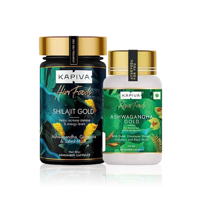 Two Kapiva Ayurveda products, Shilajit Gold and Ashwagandha Gold, on a white background.