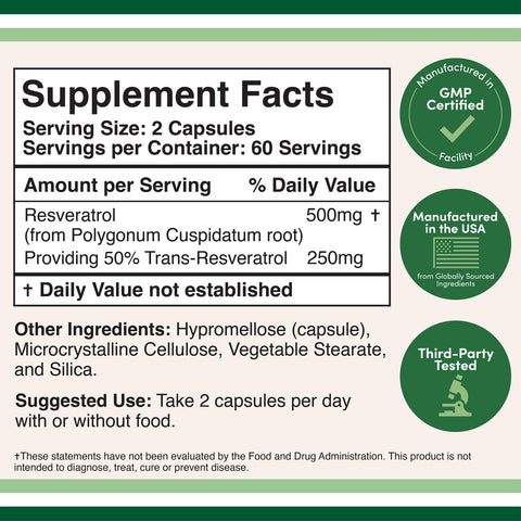 DoubleWood Resveratrol Supplement 500mg Per Serving, 120 Capsules
