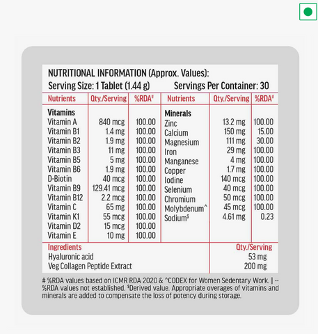HK Vitals Multivitamin Plus Women (30 قرصًا) | فيتامينات متعددة يومية للنساء | للطاقة، والمفاصل، والبشرة، والشعر