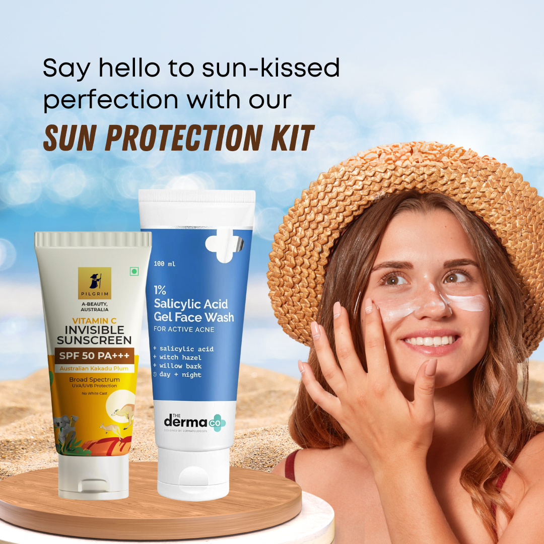 Sun Protection Kit - THE DERMA CO 1% Salicylic Acid Gel Face Wash 100 ml + Pilgrim Vitamin C Invisible Sunscreen SPF 50 PA Combo